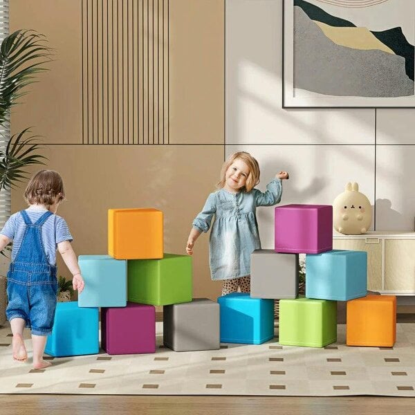 12 PCs Soft Play Blocks, Soft Foam Toy, Building and Stacking Blocks for Kids, Grey - Multi-colour