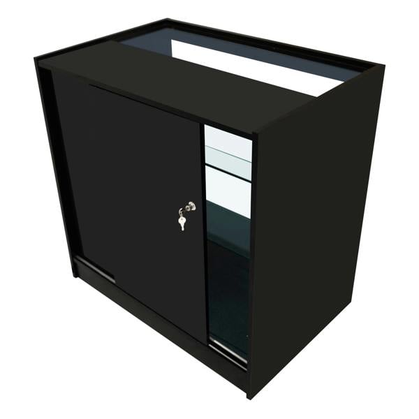 Triton LED Shop Counter Set in sleek black, featuring a glass display top, sliding door, and interior shelving for organized storage