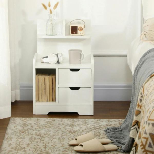 White small nightstand with open cubby and 2 drawers, wide tabletop for bedside items