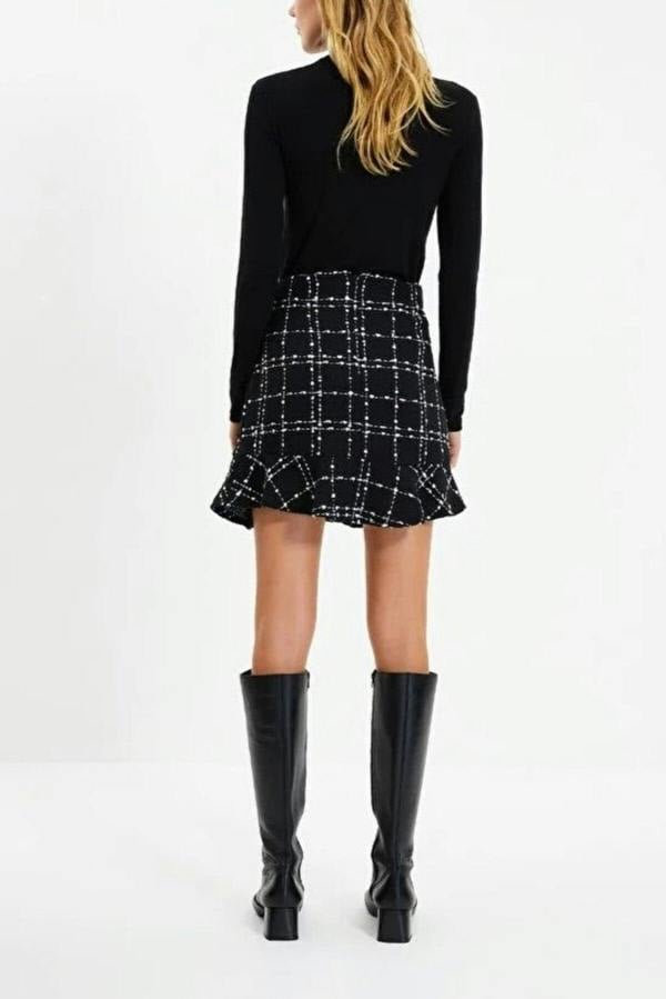 WOVCOR Tweed Skirt Flounce Mini Woven Skirt Button Detail
