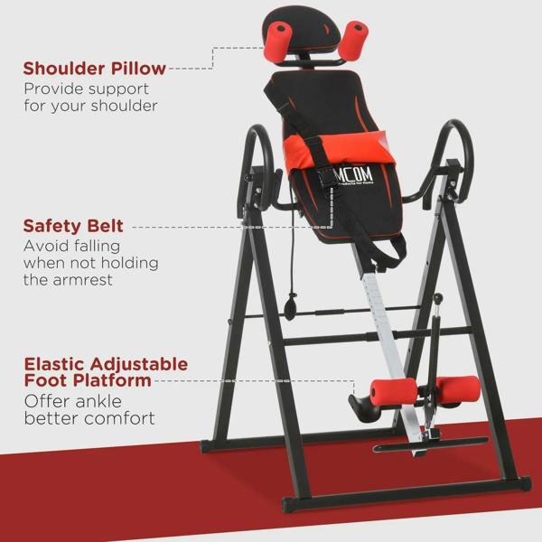 Gravity inversion table with safety belt, red/black shoulder pillow and elastic foot platform