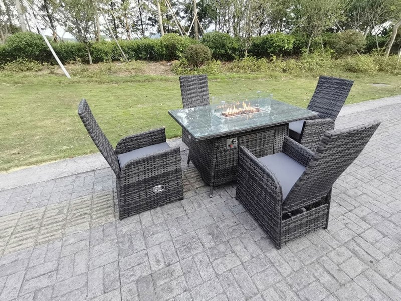 Fimous Rattan Garden Furniture Gas Fire Pit Rectangle Oblong Dining Table And Chairs 4 Seater Plus Rectangular Table