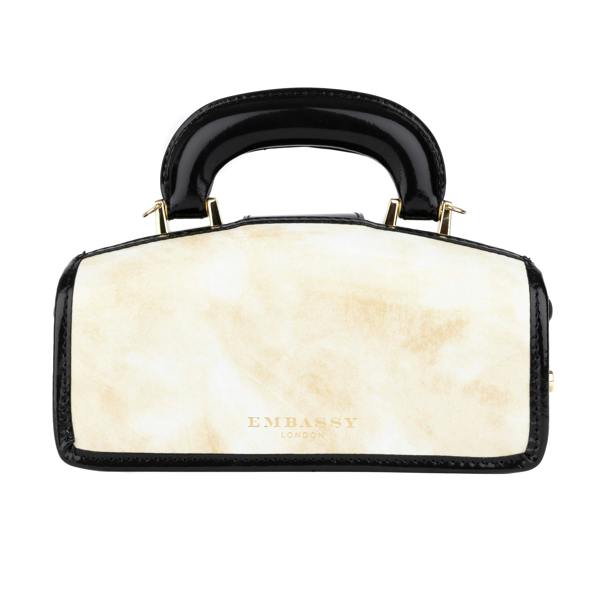 Embassy London Gazelle Mini - White & Black - Women’s mini patent leather top handle & crossbody bag