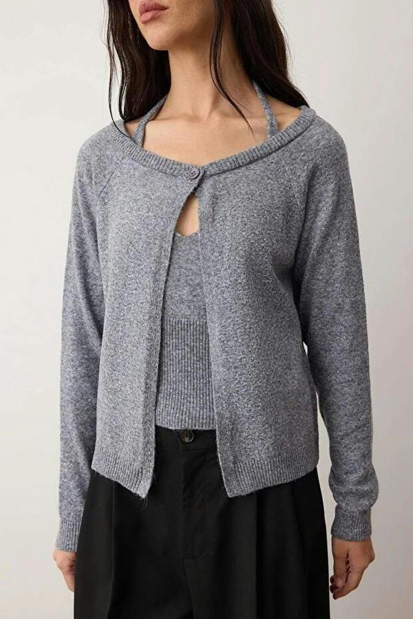 WOVCOR 2-Piece Boat Neck Soft Texture Blouse-Cardigan Knitwear Set