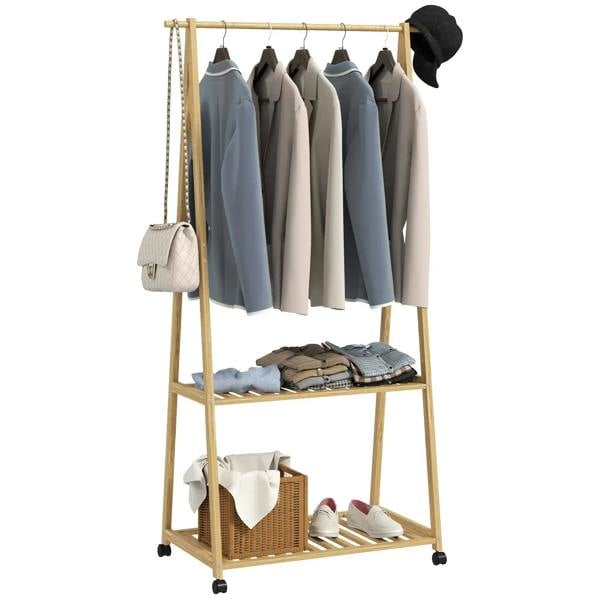 Natural bamboo clothes rack with hooks, 2 shelves, wheels; hangs shirts, hat, and bag.