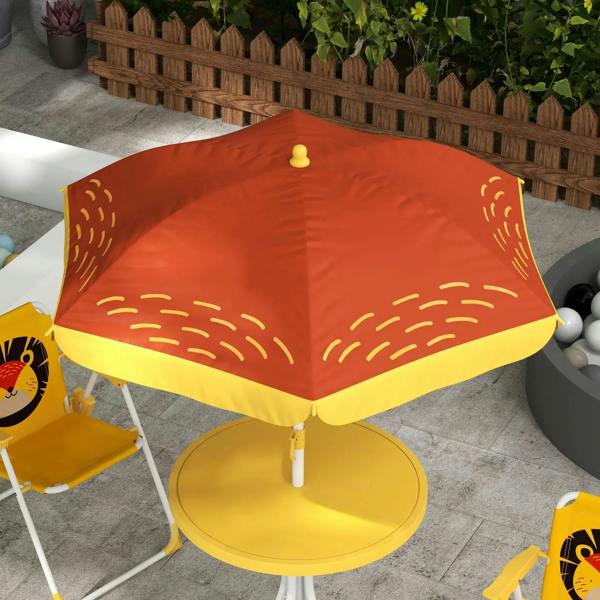 Round yellow table base with orange lion parasol canopy and two yellow chairs