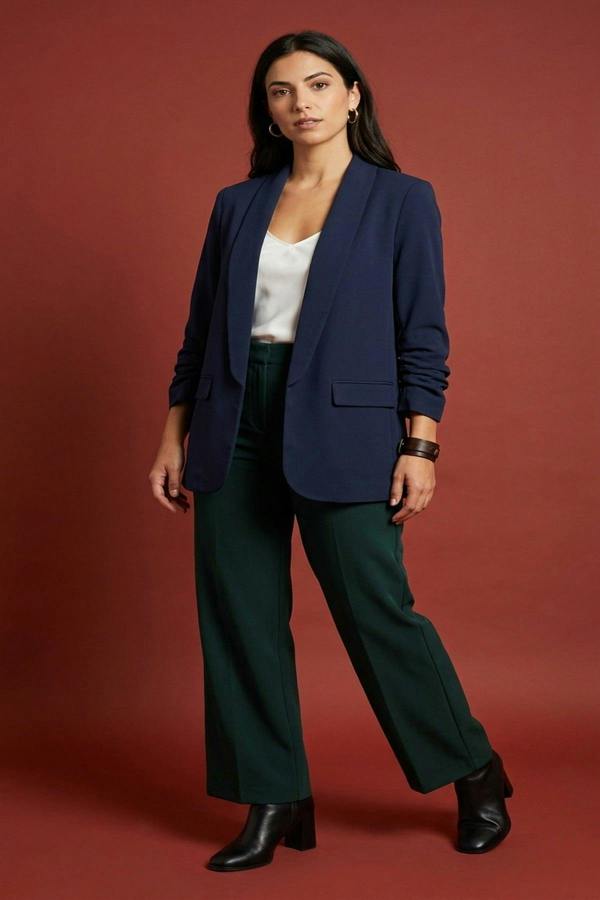 Valerie Ruched Sleeve Open Front Blazer Jacket With Front Pockets - Navy