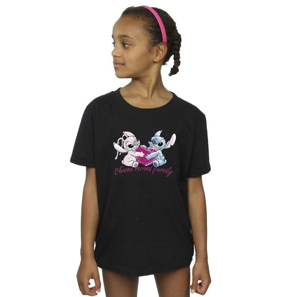 Disney Girls Lilo And Stitch Ohana Heart With Angel Cotton T-Shirt - Black