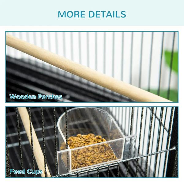 Black bird cage interior detail with light wooden perches and clear feed cup container