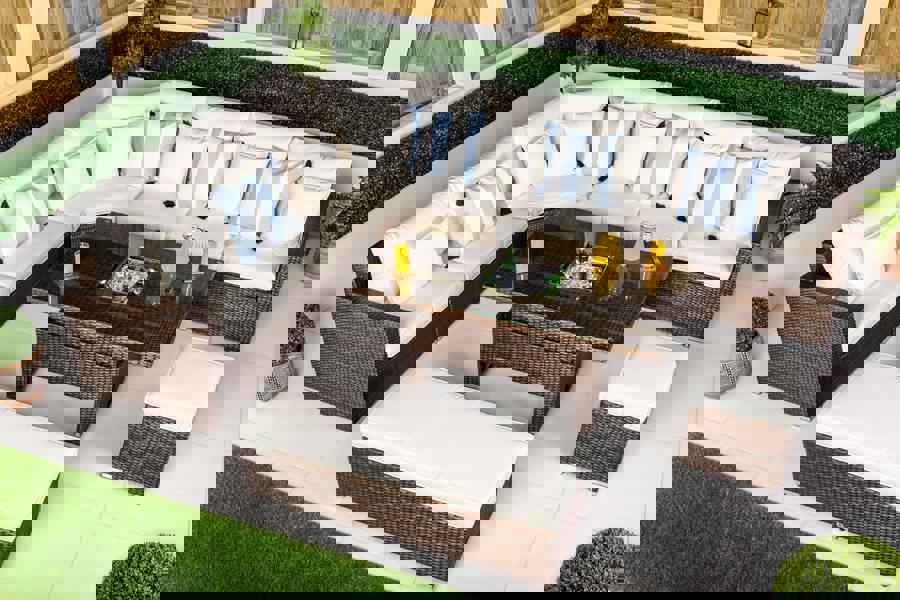 Giardino Santorini 6 Seat Modular Corner Sofa Rattan Garden Furniture Set Outdoor Adjustable Drinks Cooler Coffee Table & Bench