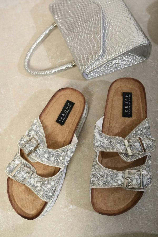 Remy Embellished Stone Double Buckle Platform Sandals - White