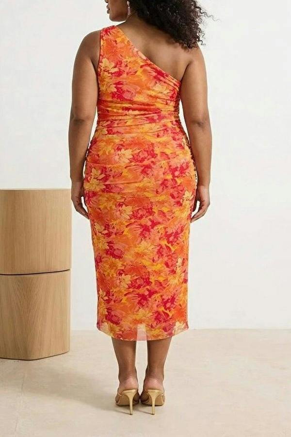 WOVCOR One-Sleeve Body-Fitting Accessory Detail Tulle Stretch Knit Pencil Dress