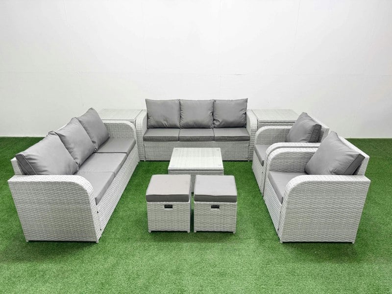 Fimous PE Rattan High Back Lounge Sofa Set Patio Square Coffee Table & Chairs Set with 3 Seater Sofa Reclining Chair Stools 2 Side Table Light Grey