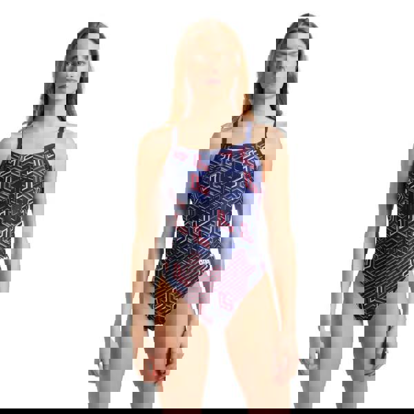 Navy blue and red geometric Kikko Pro Challenge Back swimsuit with thin straps