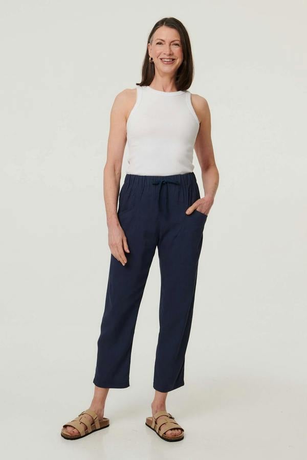 Blue | Drawstring Tie Front Relaxed Trousers : Model is 5'8"/172 cm and wears UK10/EU38/US6/AUS10