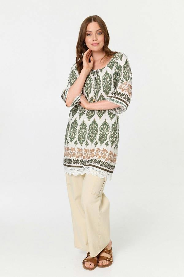 Green | Printed 3/4 Sleeve Longline Tunic Top
