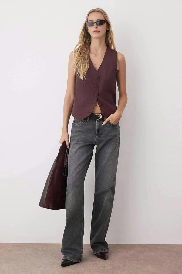 WOVCOR Crop Woven Vest with Buttons