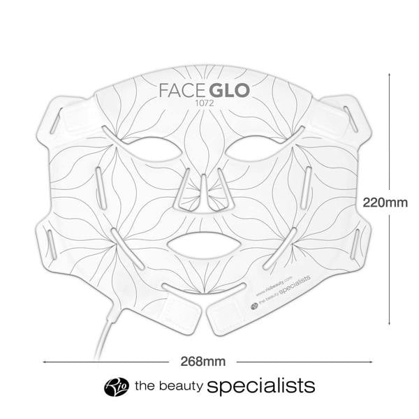 The Rio FaceGLO with Photology Chlorophyll Light Masque is a white mask featuring leaf patterns, facial cutouts, and attached wires. Measuring 268mm x 220mm, it delivers clinically effective light at treatment wavelengths for visible results.