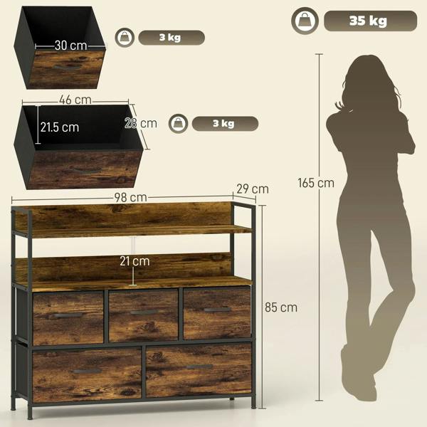 Rustic storage chest with five fabric drawers, side view showing dimensions and silhouette