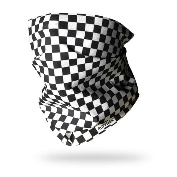 RUFFNEK® Black & White Chequerboard Snood – versatile neck warmer for bikers, chefs, and F1 fans.