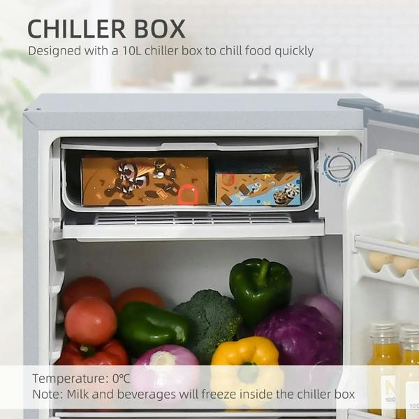 Fridge freezer chiller box open, with temperature dial and colorful chilled produce