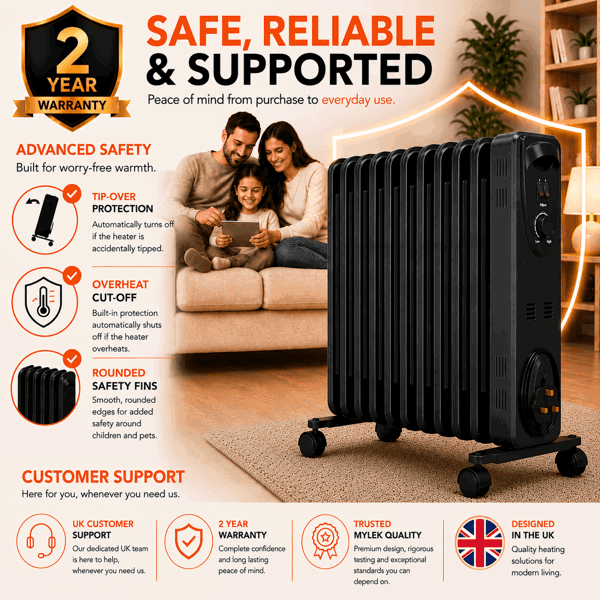 MYLEK Oil Filled Radiator 2500W Portable Heater Thermostat 3 Heat Settings Grey