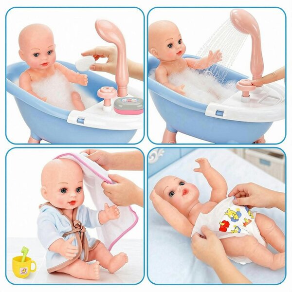deAO Toys deAO 12” Baby Doll Bath Playset with Working Bathtub, 2 Outfits & Accessories Pretend Bath‑Time Role‑Play Toy for Kids Ages 3+, Blue