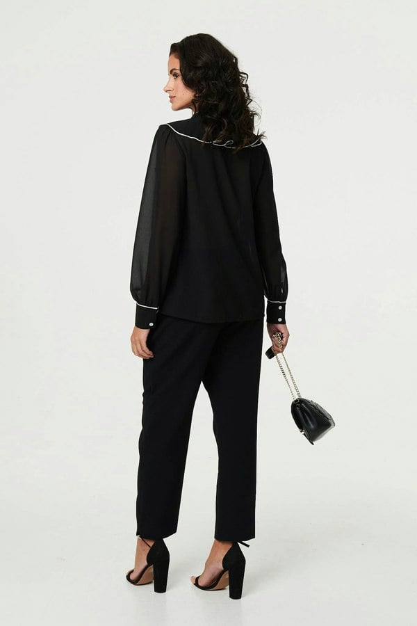 Black | Contrast Trim Semi Sheer Ruffled Blouse
