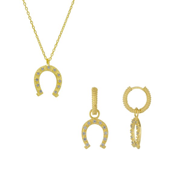 Spero London Sterling Silver Horseshoe Equestrian Necklace & Earring Set - Gold