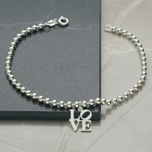 Christopher James of London Sterling Silver Bead Ball Anklet With Your Choice of Charm - 3. LOVE Charm