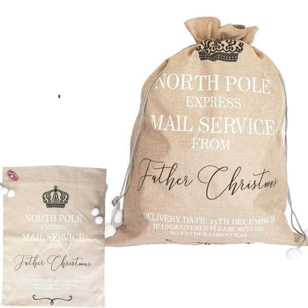 6cm Beige Hessian Christmas Sack with North Pole Express Print and Drawstring Closure image 1