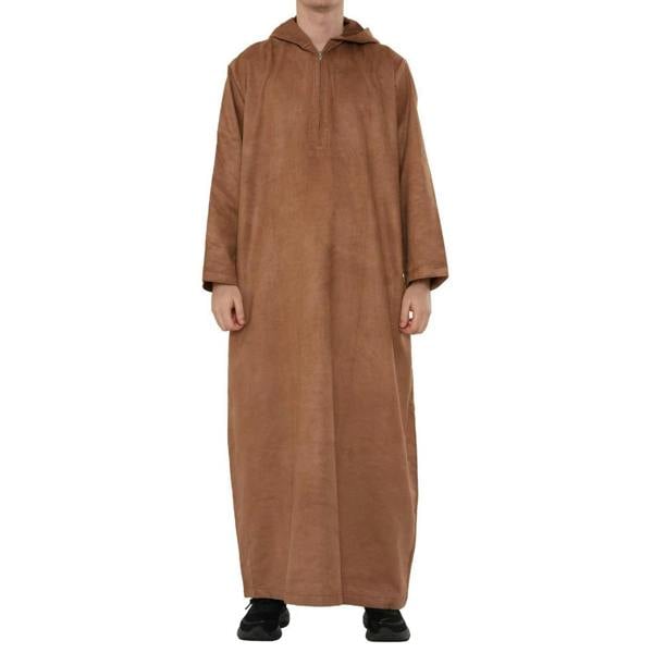 HM12 - Men's Hooded Suede Emirati Omani Zipped Thobe - Camel - Thobez - 29