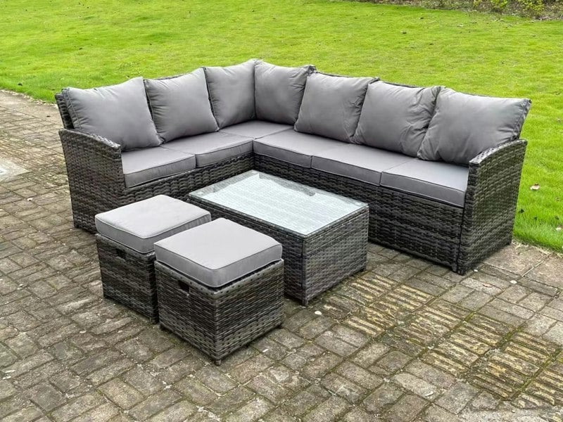 Fimous High Back Dark Mixed Grey Rattan Corner Sofa Set Outdoor Furniture Rectangular Coffee Table 2 Small Footstools 8 Seater