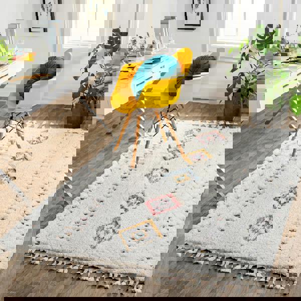 Livabliss Lofty-Shaggy Ivory Yellow Blue Vintage Boho Plush Soft Pile Fringe Rug