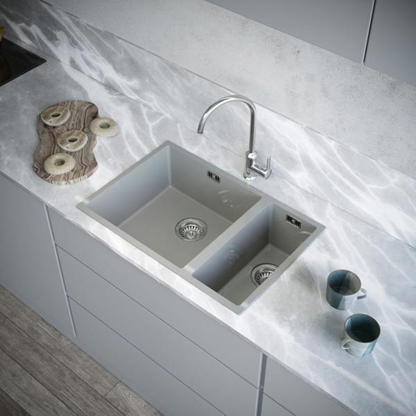 Flode Vänern | 1.5 Bowl Comite Kitchen Sink | Inset or Undermounted | 670mm x 440mm x 206mm | Strainer Wastes Supplied | Gloss Grey Finish