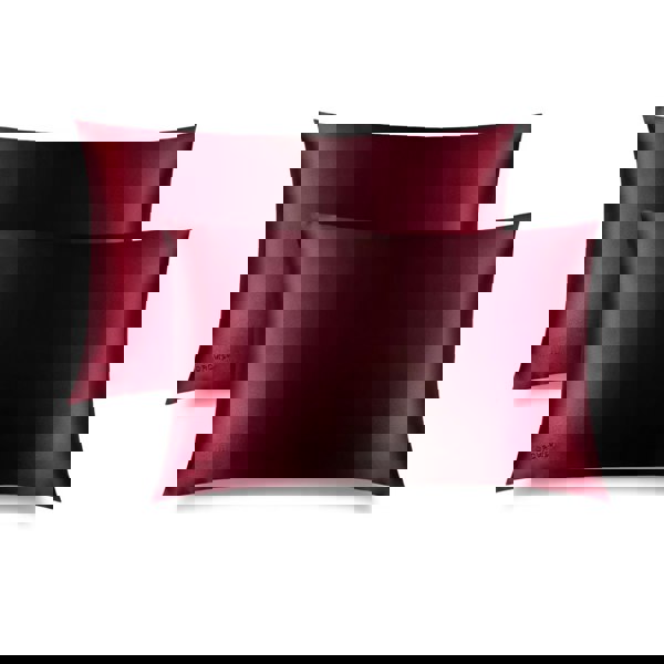 Two La Vie En Rouge Silk Pillowcases by drowsysleepco, in dark burgundy, overlap on a white background. These smooth, shiny pillowcases feature an embroidered drowsysleepco logo in the lower left corner and are ideal for hair and skincare.
