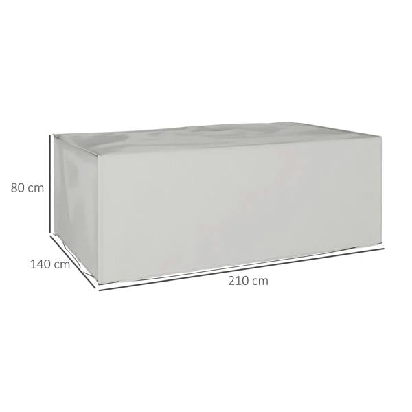 Grey rectangular patio furniture cover, side view with 210x140x80cm dimensions