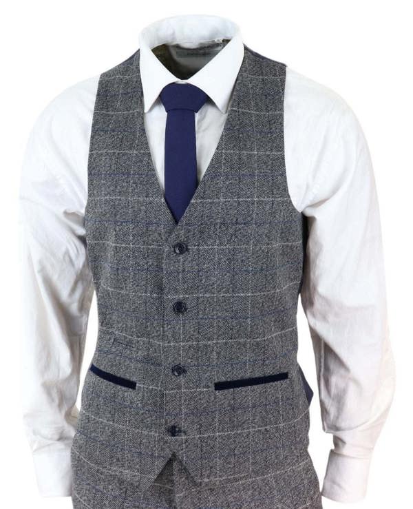 Marc Darcy Mens 3 Piece Grey With Blue Check Vintage Classic Suit