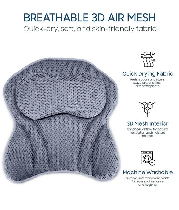 ADOV Bath Pillow, Ergonomic 4D Air Mesh Headrest Cushion with 6 Suction Cups for Head, Neck and Back Support