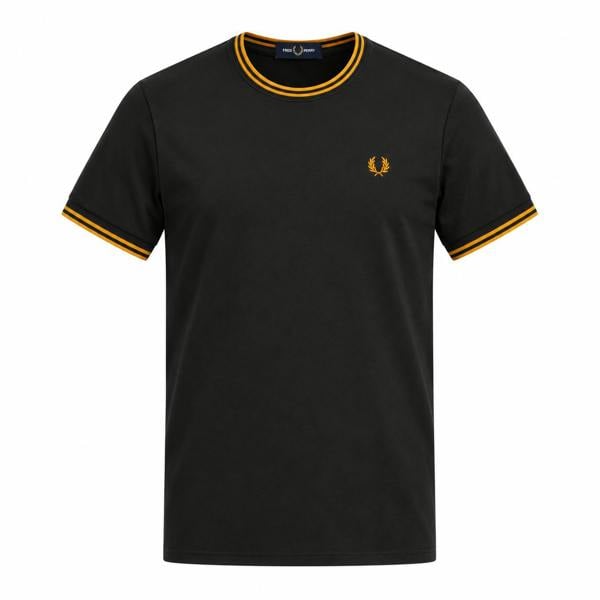 Anchor grey Fred Perry cotton t-shirt with golden twin-tipped collar, cuffs, and embroidered laurel wreath logo.