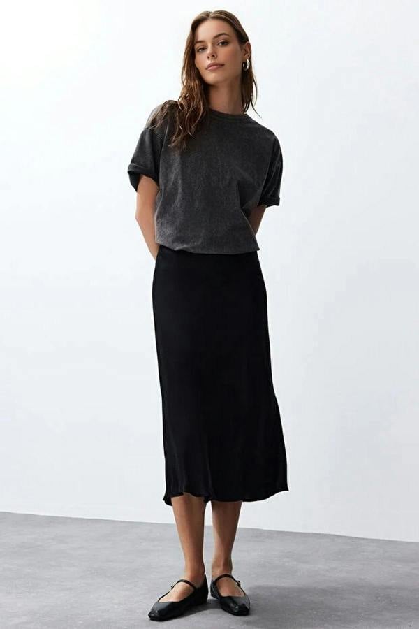 WOVCOR A-line Satin Midi Woven Skirt