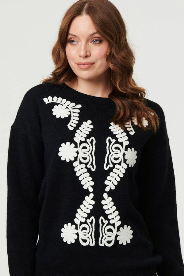 Black | Embroidered Print Drop Shoulder Jumper