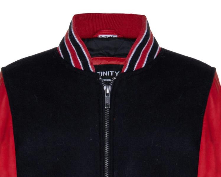 Infinity Leather Kids Varsity Black & Red Bomber Jacket with Real Leather Sleeves 3-13 yrs