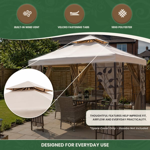 Spare Roof Cover for Leaf Design 3m Square Garden Gazebo, Beige 180g Fade Resistant Polyester Canopy with Wind Vent