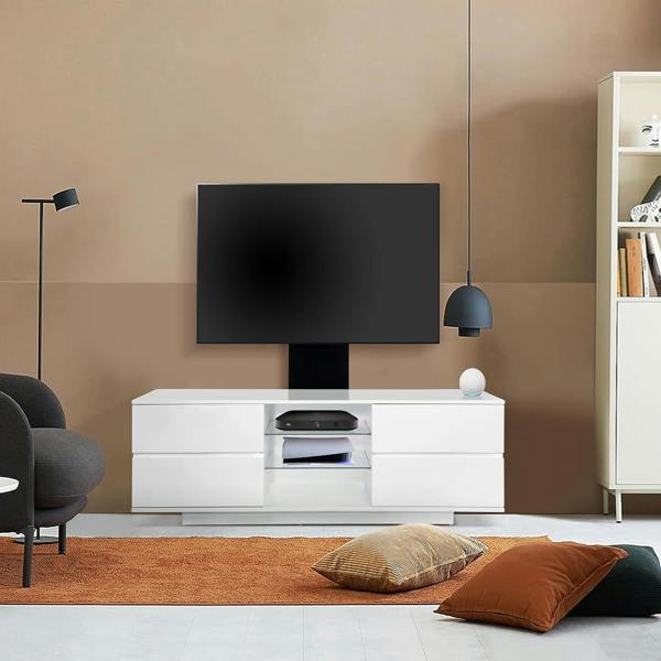 Homeology Avitus Gloss White with 4-White Drawers and 3-Shelves up to 65" LED, LCD, Plasma TV Stand with Mounting Arm