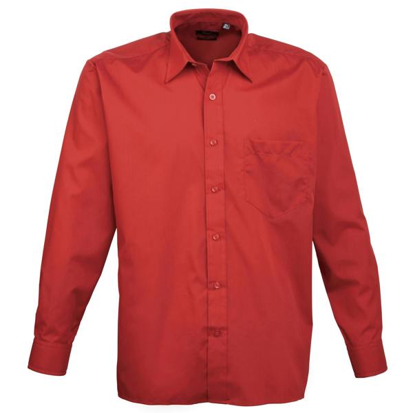 Premier Mens Premier Poplin Long-Sleeved Formal Shirt - Red