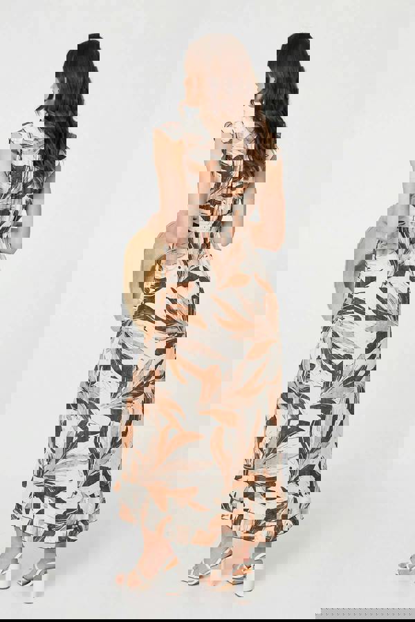 Brown | Leaf Print Layered Tie Waist Maxi Dress