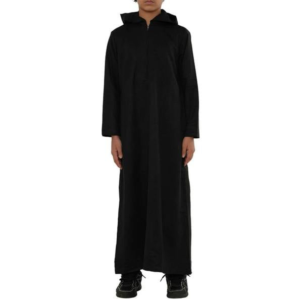HM12 - Boy's Hooded Suede Emirati Omani Zipped Thobe - Black - Thobez - 28