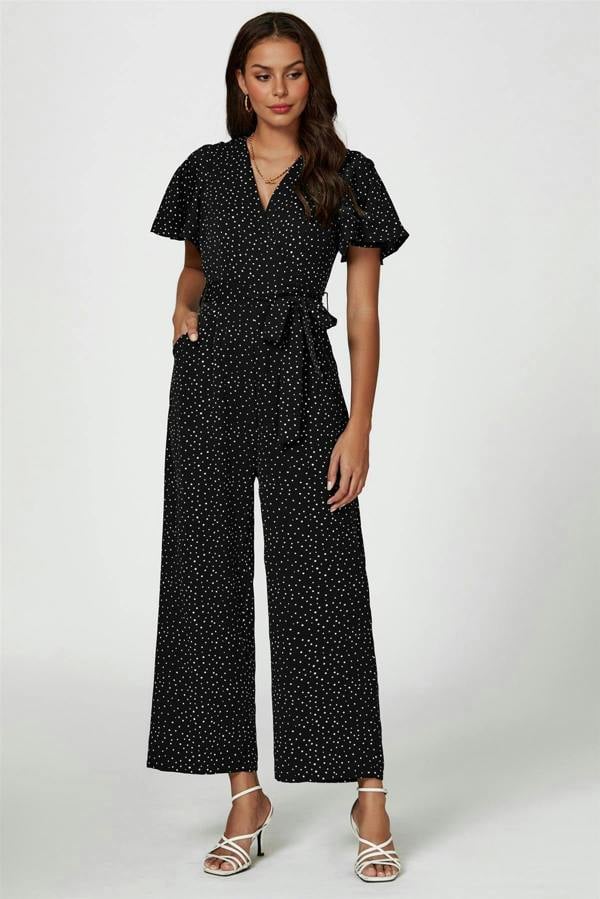 FS Collection Dot Print Wrap Top Jumpsuit In Black