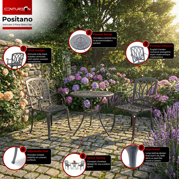 Centurion Supports POSITANO Luxurious Garden and Patio Table and 2 Large Chairs with Armrests Cast Aluminium Bistro Set - Grey